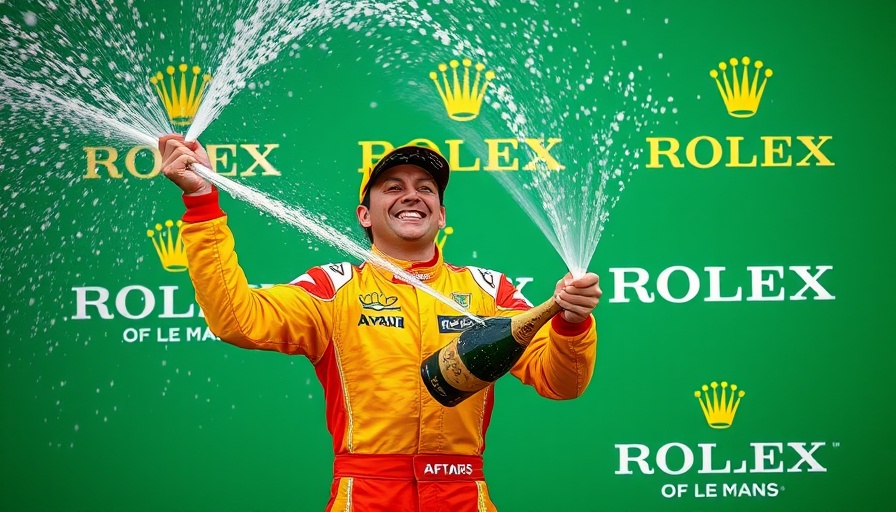 Racing driver celebrates with champagne at Le Mans podium.