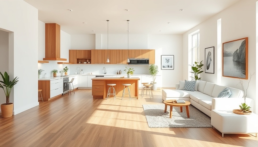 Modern room with 6/10 cleaning method, wooden floors, bright light.