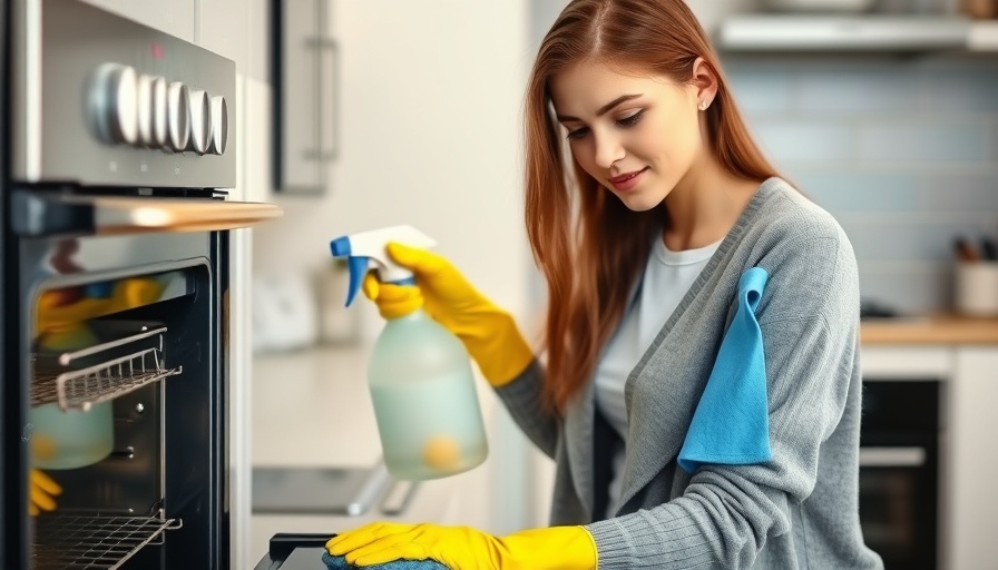 Young woman using daily cleaning essentials on oven door.