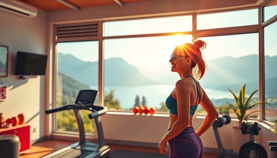 Woman finding joy in a home gym with a scenic view.