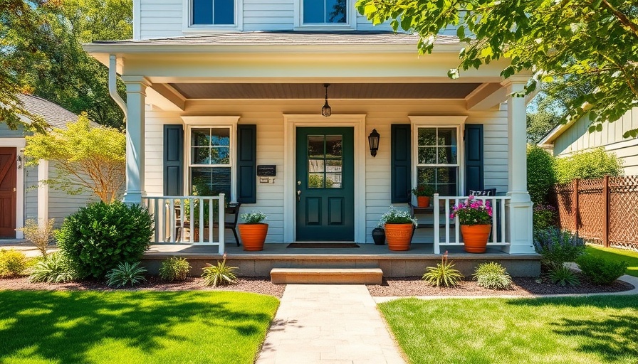 Renovated house with a welcoming porch, bright and lush environment.
