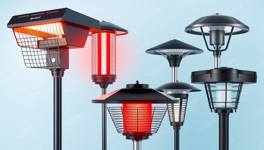 Stylish outdoor bug zappers with modern designs on a feathered background.
