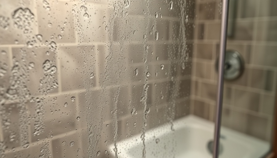 Glass shower door with hard water stains in bathroom.