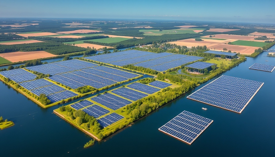 Aerial view of Europe's largest floating solar farm, vast solar panels on water.