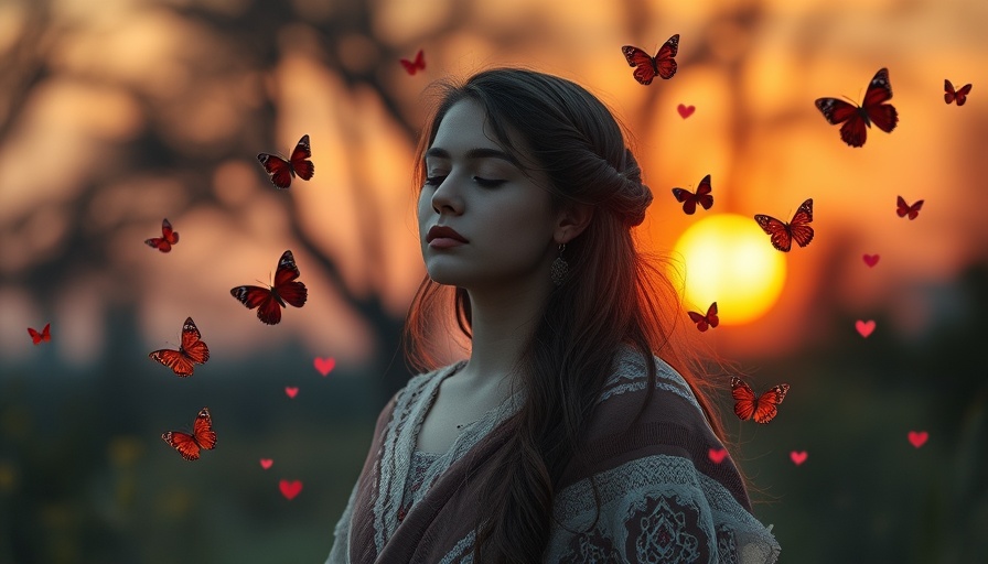 Heartbreak and Self-Worth: Woman with butterflies at sunset.