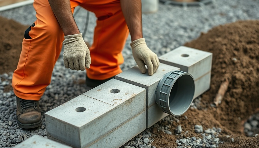 Worker installing drainage pipe and blocks, Draining Solution Concrete Contractors, detailed.
