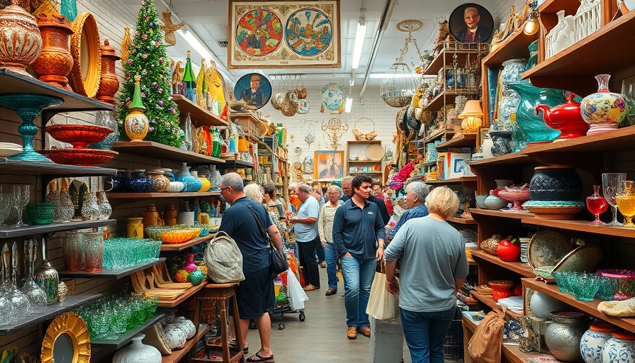 Eclectic vintage items in a busy thrift store.