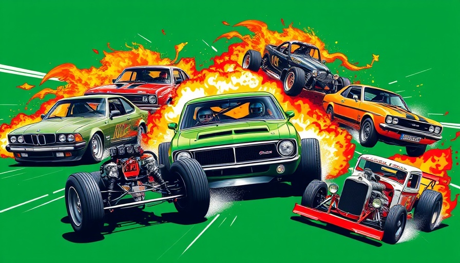 Pop-art collage of modified cars and drivers, speed theme.