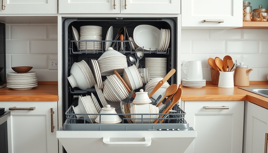 Overloaded dishwasher in a modern kitchen with stacked dishes and utensils.