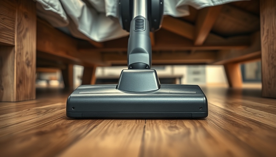 Vacuum cleaner head under bed on wooden floor in home.