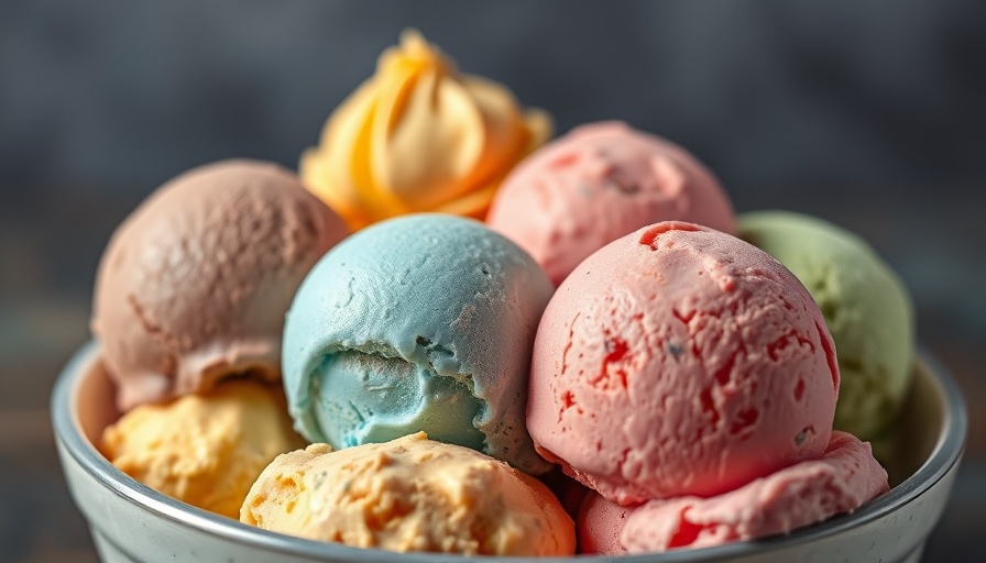 Colorful ice cream scoops in a bowl, highlighting potential emulsifier use.
