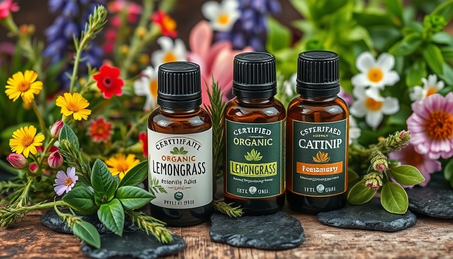 Close-up of essential oils and herbs for homemade mosquito repellent.