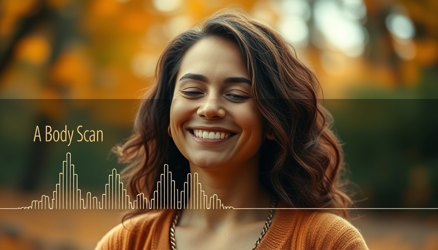 Visual concept of a 10-minute body scan meditation with smiling woman.