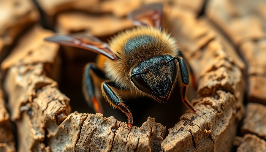 Macro shot of a bee in a wooden bee hotel, highlighting native pollinators recovery.