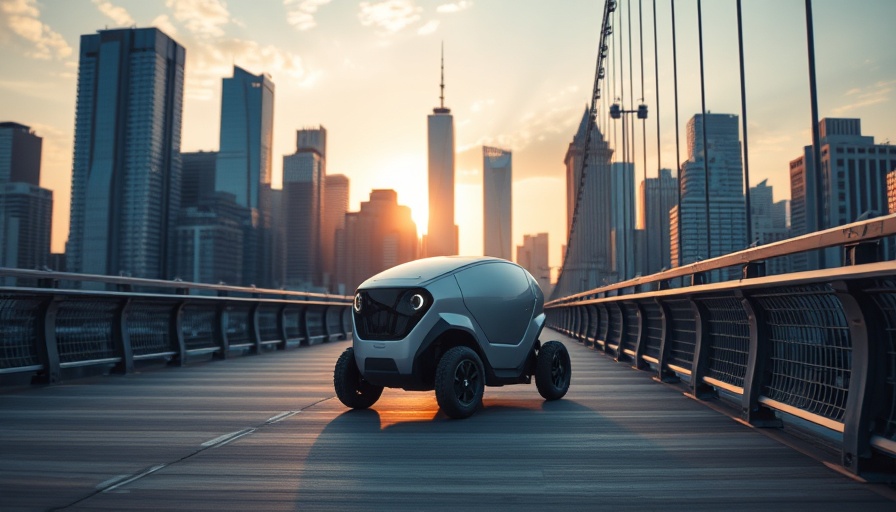 Autonomous delivery robot on city bridge at sunset with skyline.