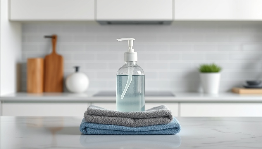 DIY Foaming Hand Soap dispenser on towels in modern kitchen.