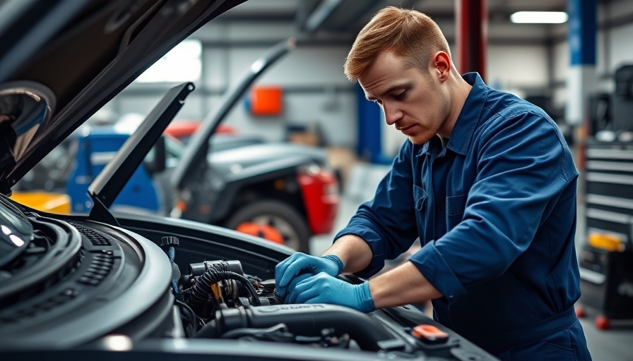 Mechanic working on car in auto repair shop.
