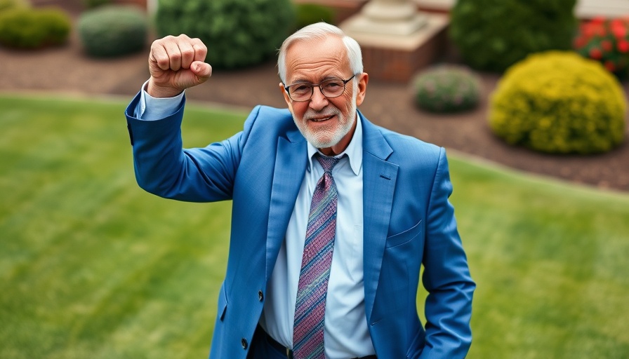 Elderly man in blue suit raising fist on grass lawn, Why Is Trump Paving the Rose Garden.