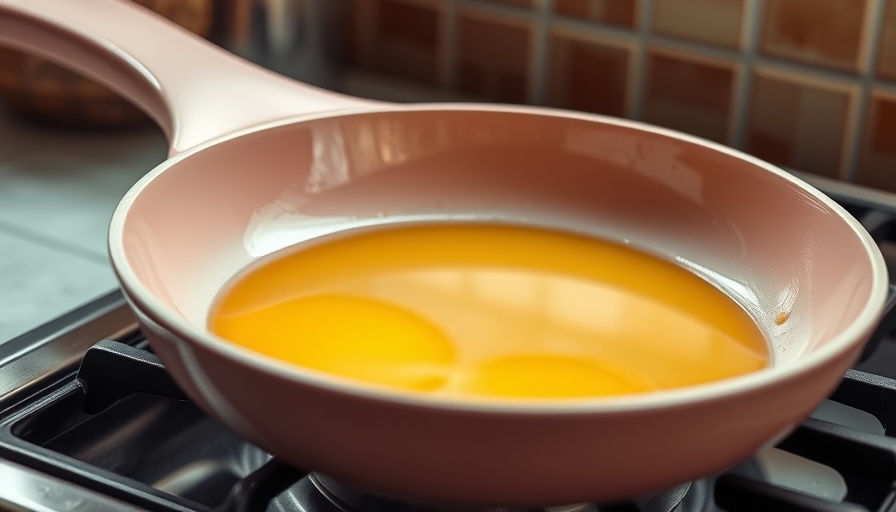 Used cooking oil in a frying pan, photorealistic kitchen setting.