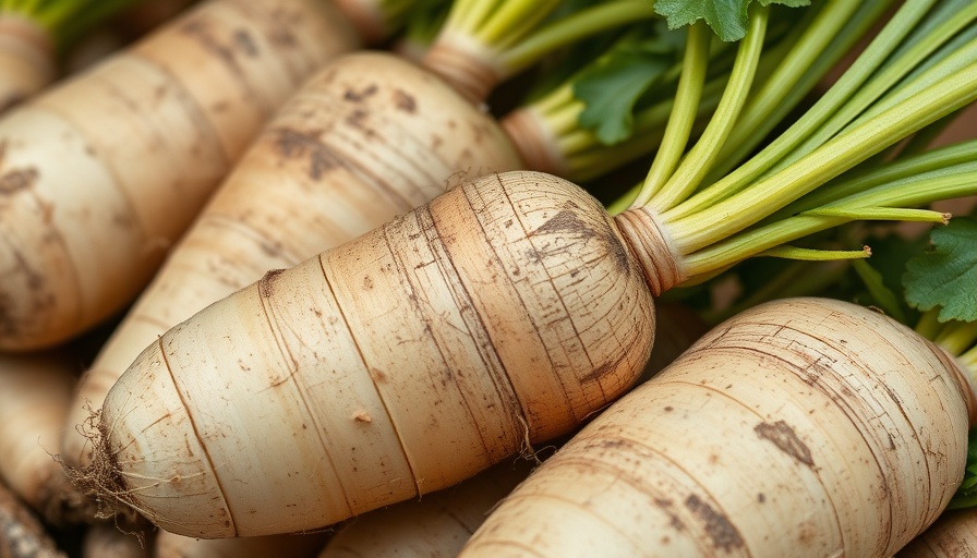 Freshly harvested horseradish roots in close-up view.