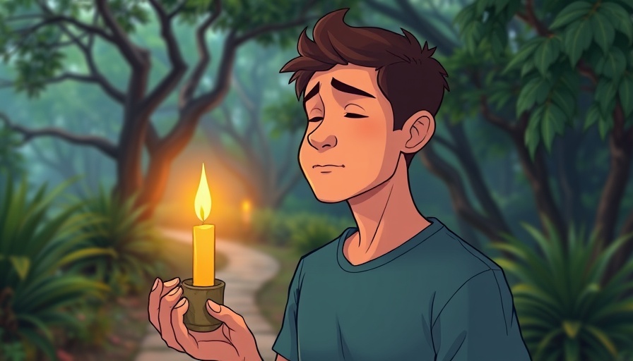 Peaceful young man holding candle in serene setting, representing peace with uncertainty through rituals.