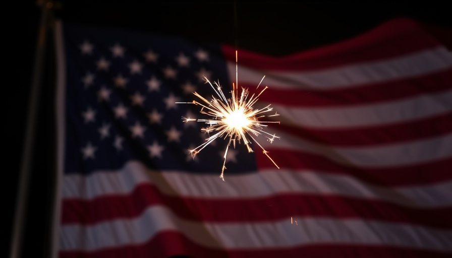 Sparkler illumination against American flag backdrop.