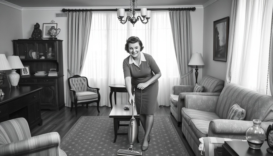 Vintage 1950s woman vacuuming in classic living room, professional cleaners morning routines.