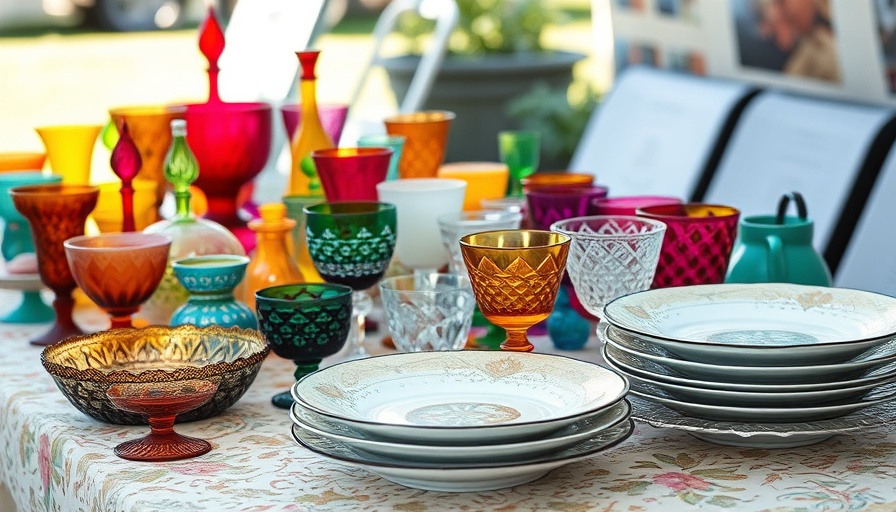 Various glassware and china displayed at an estate sale table.