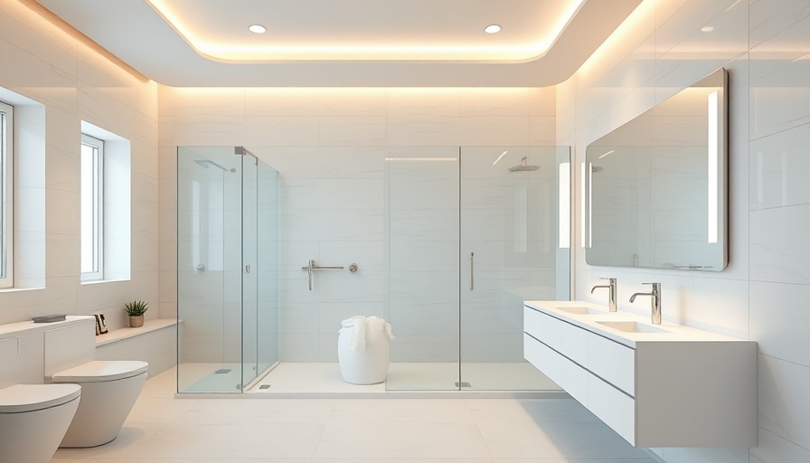 Modern bathroom featuring glass shower and double vanity.