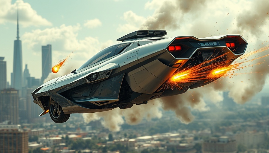Futuristic flying car malfunction with sparks and smoke