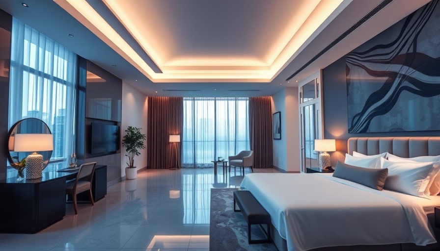 Elegant AAA Five Diamond hotel room with modern decor and lighting.