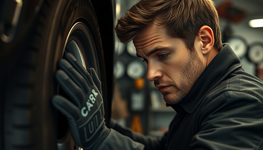 Person inspecting a car tire for tire safety awareness.