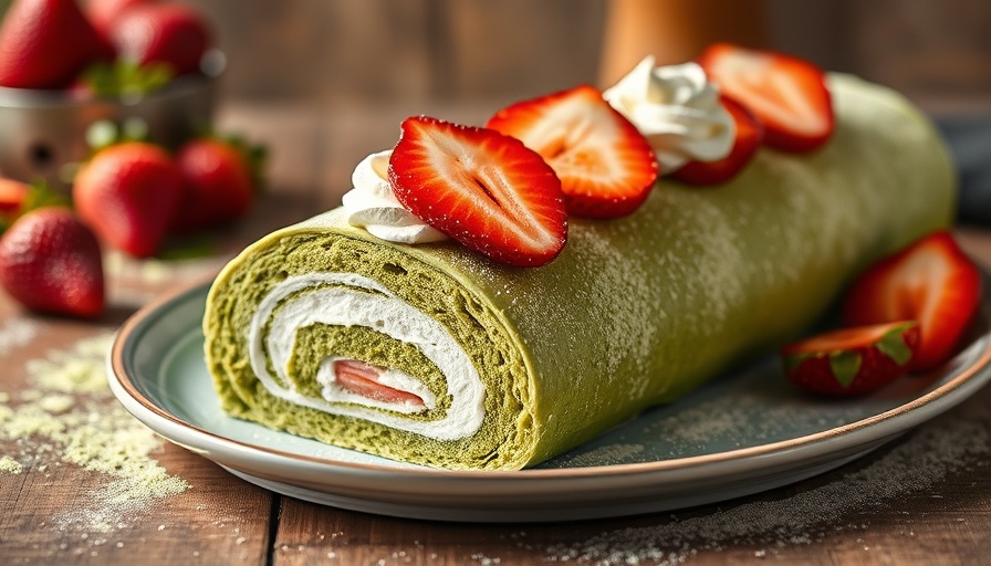 Strawberry Matcha Swiss Roll topped with strawberries and cream on plate.