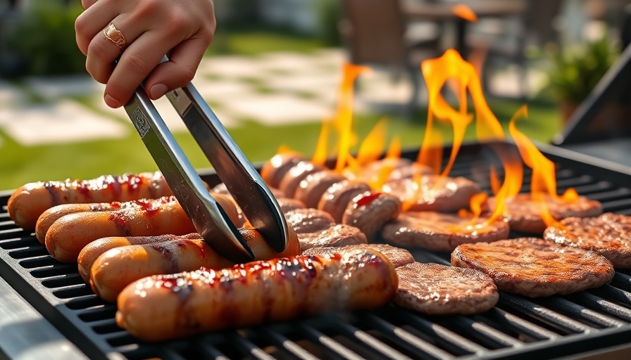 Grill with sizzling barbecue, perfect for Fourth of July celebrations