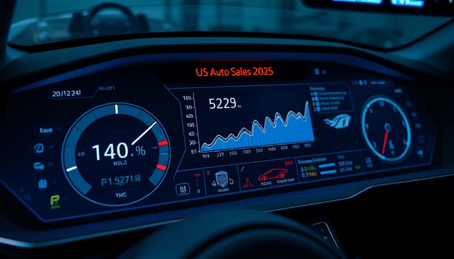 Futuristic digital dashboard showing US auto sales projections 2025.