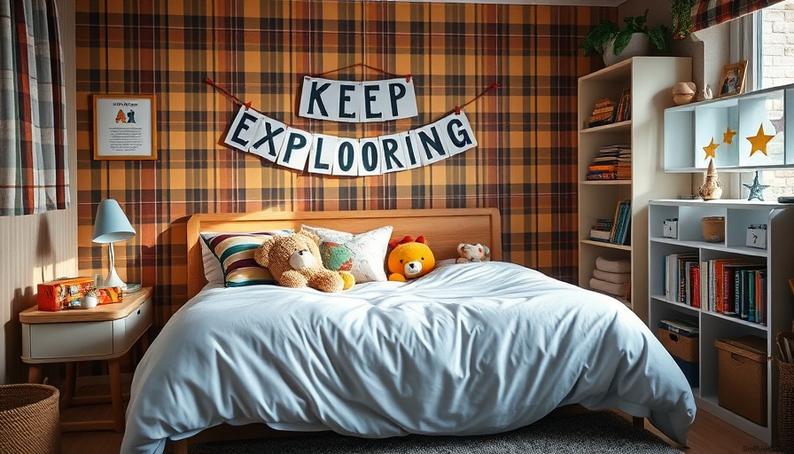 Children's bedroom with green tartan wallpaper, plush toys, bookshelf.