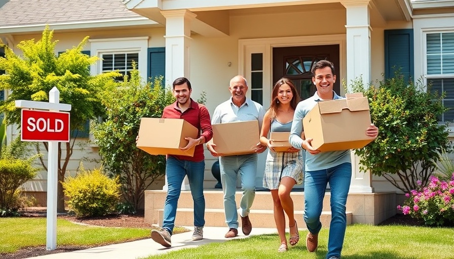Family moving into new home with sold sign, stress-free house move.