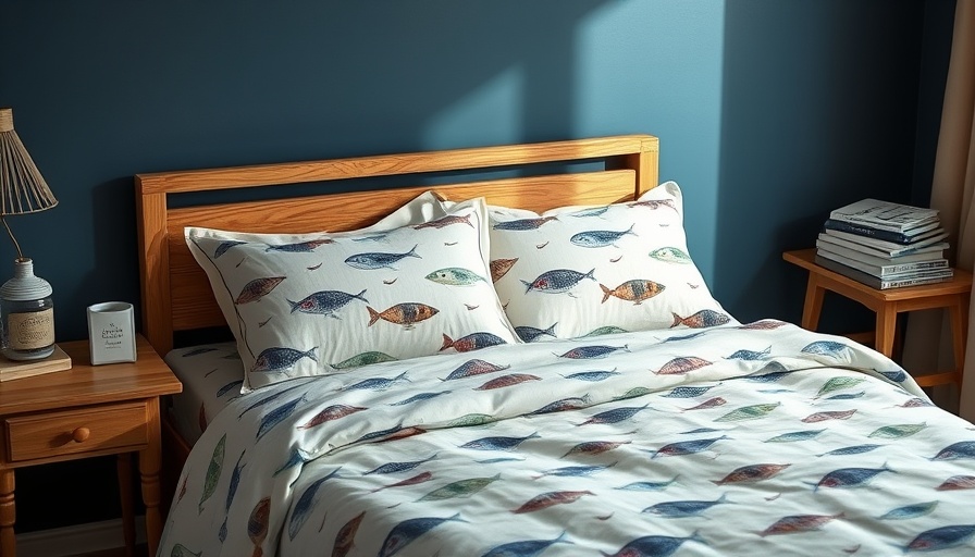 Fish-patterned bedding set against a wooden headboard for Amazon Fourth of July Home and Kitchen Deals.
