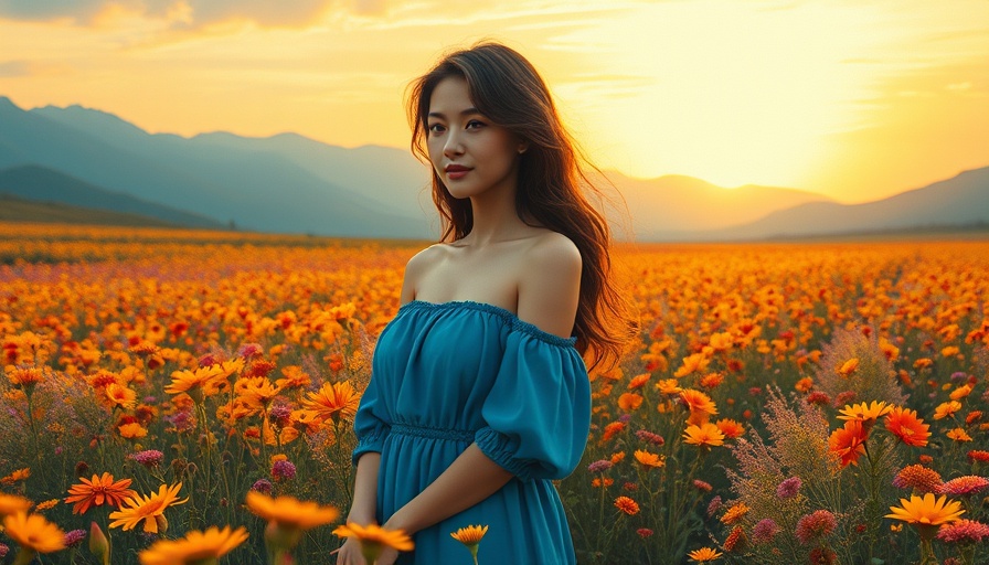 Finding strength in vulnerability: serene woman in blue amidst flowers.