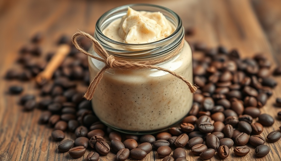 Glass jar with Vanilla Latte Coffee Scrub on wooden table.
