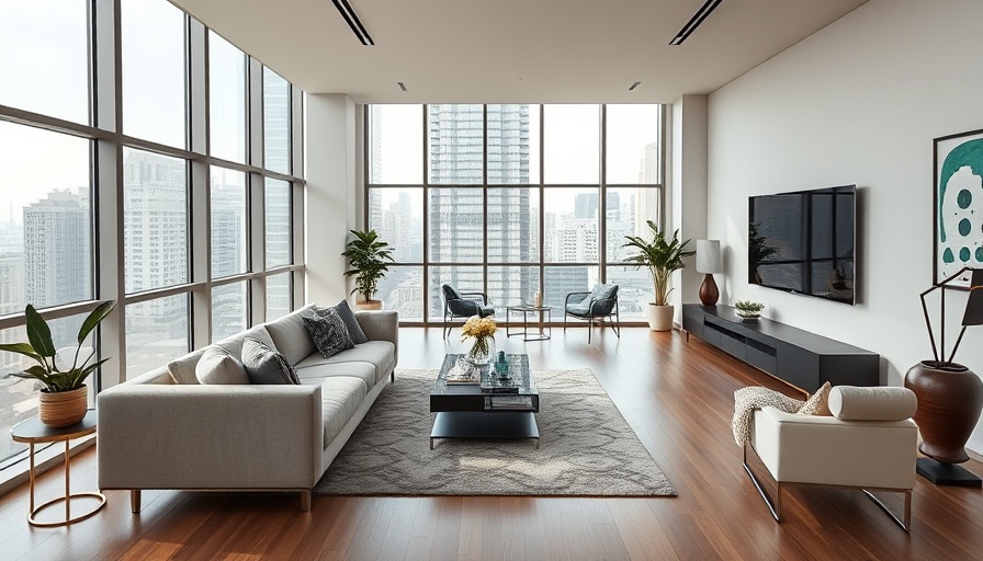 Modern condo living room with large windows, Toronto.