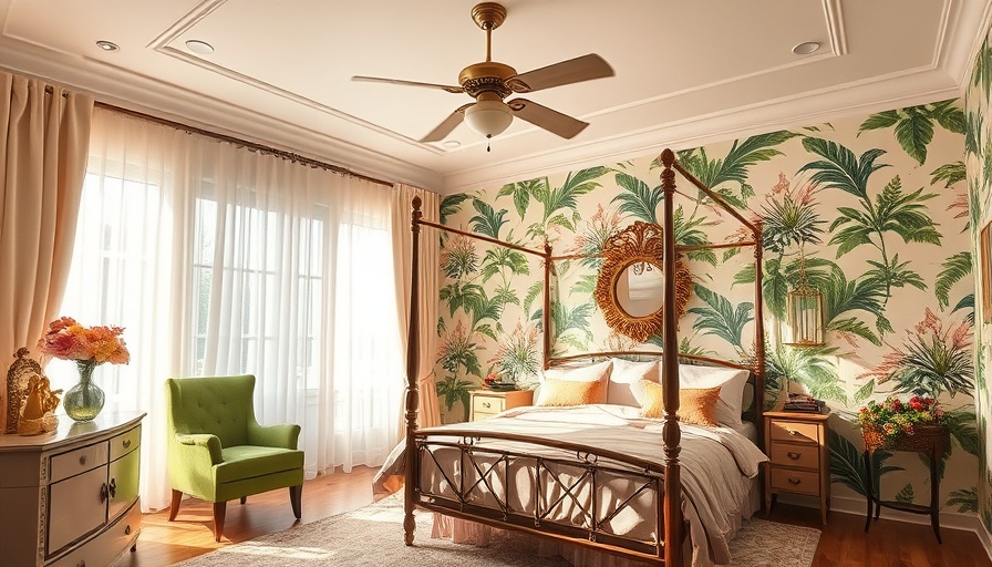 Tropical-themed bedroom with ceiling fan, vintage decor.