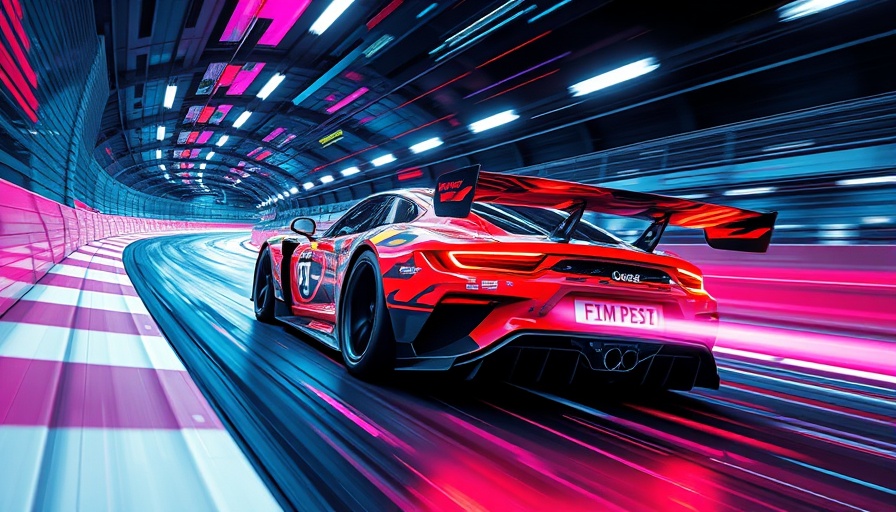 Vibrant collage of race cars on track with neon lights.