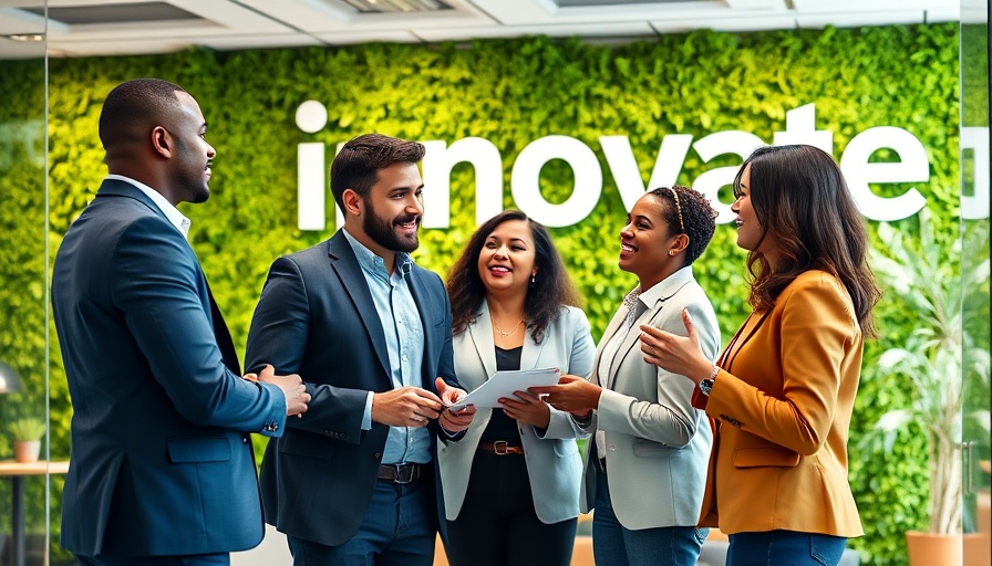 Professionals discussing ESG metrics in a modern office with green wall.