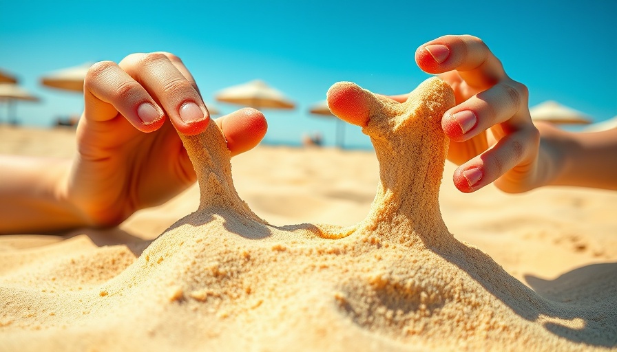 Close-up hands making sand slime at sunny beach, fun activity.
