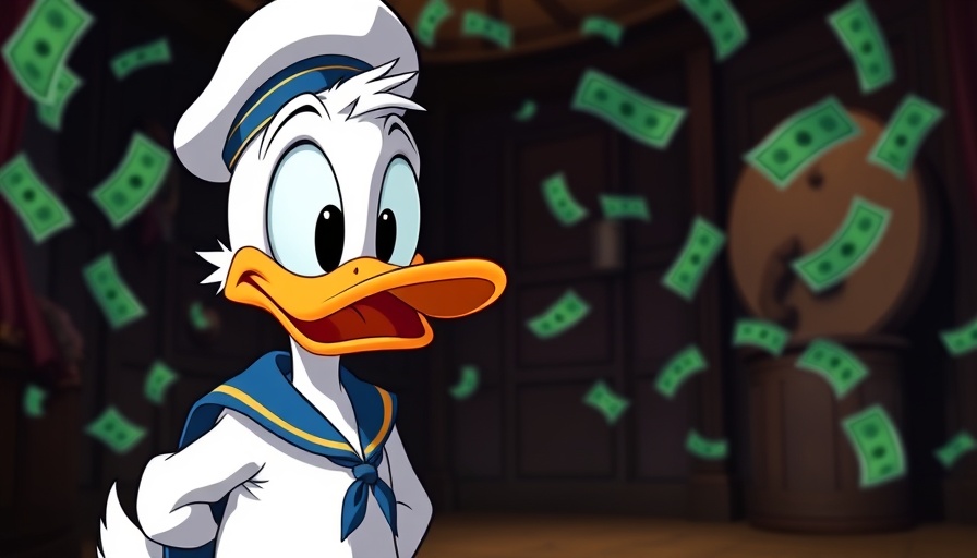 Animated duck surprised in a room with floating green bills, cartoon style.