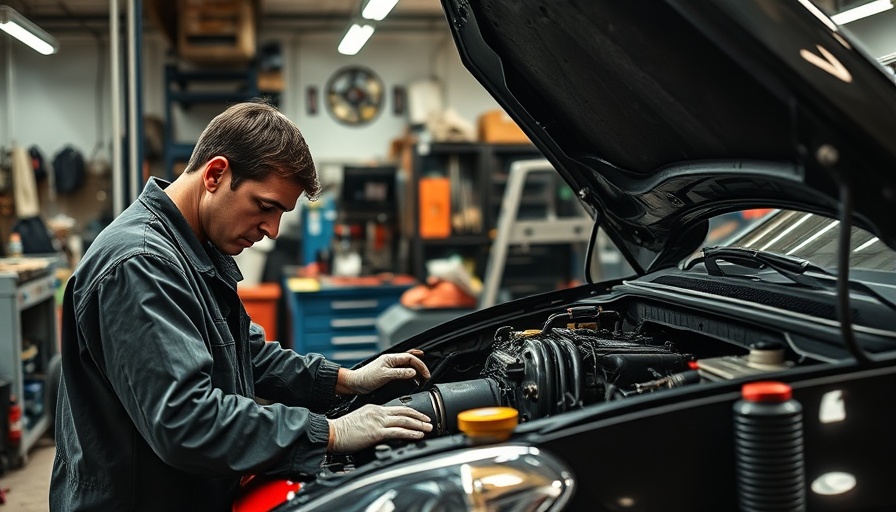 Mechanic repairing car engine in auto repair shop, busy environment.