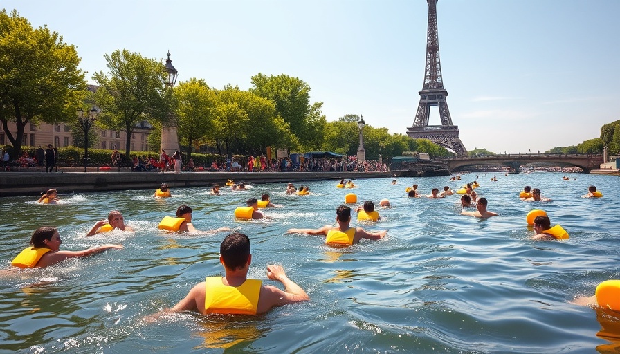 Public enjoying River Seine swimming reopening near Eiffel Tower.