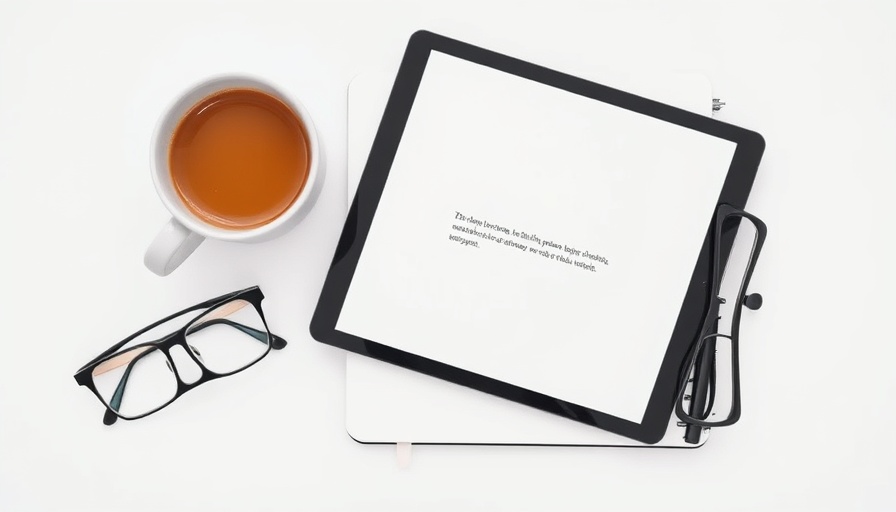 Minimalist e-book on tablet with coffee and glasses.