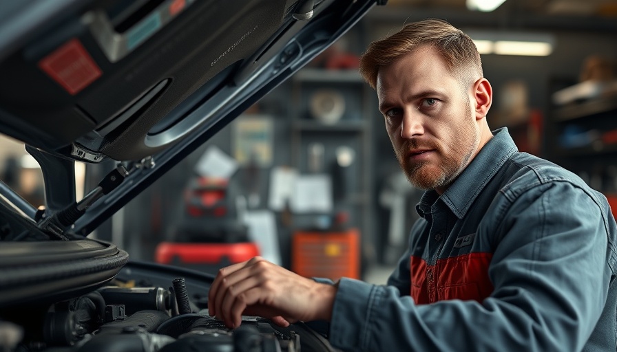 Mechanic repairing car engine in auto repair shop.